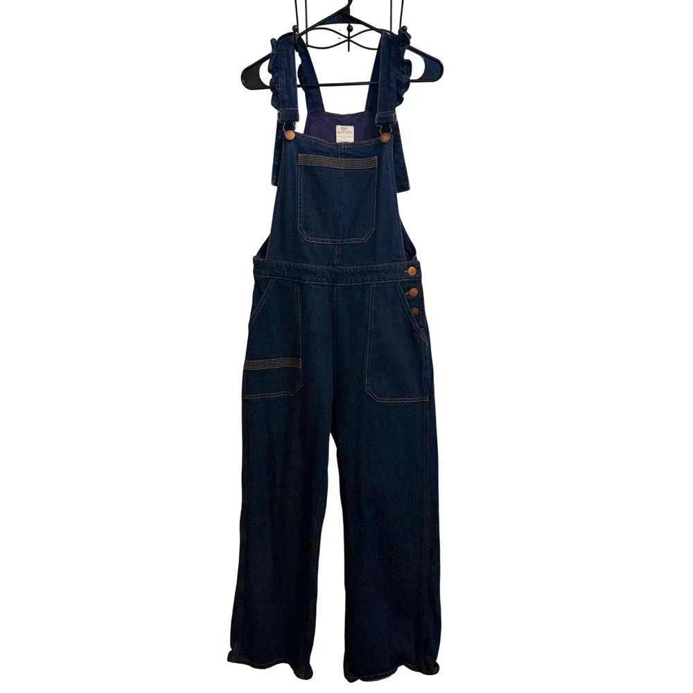 Anthropologie Seventy + Mochi Ruffle Denim Overalls Wide Leg Sz 8 - Picture 2 of 9